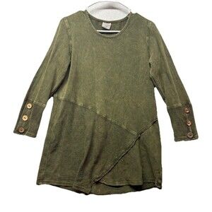 Sea Breeze Of California Womens M Shirt 100% Cotton Green Tunic Lagenlook Boho